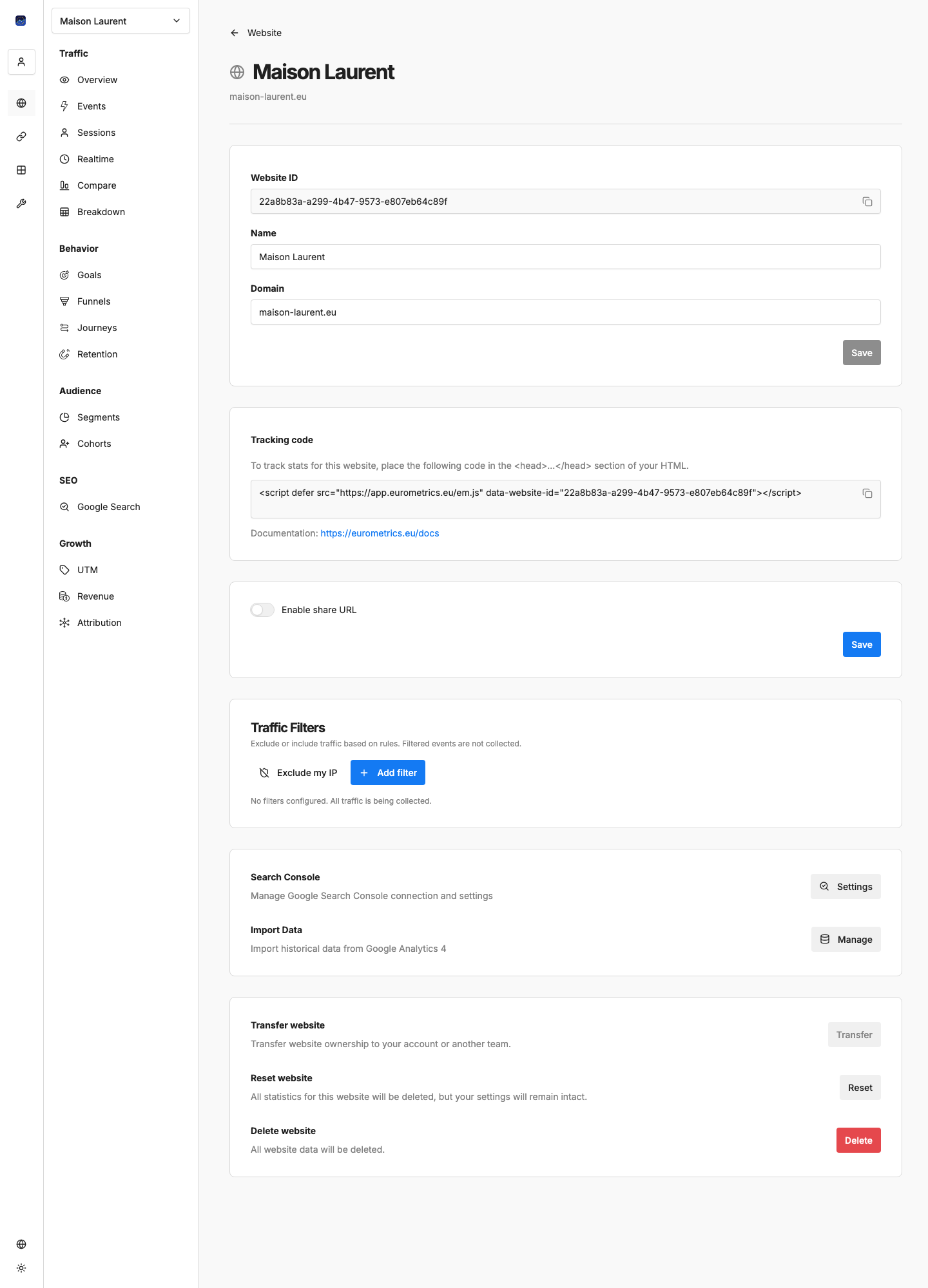 Website Settings with Tracking Code